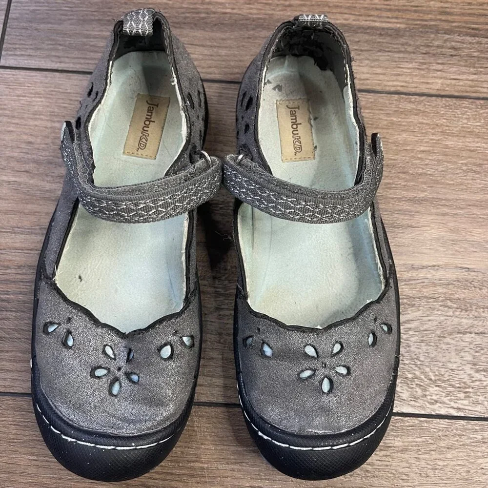 Jambu Greenwich Mary Jane Shoes Girls Size 1M Gray Vegan‎ Leather Cut Out Floral